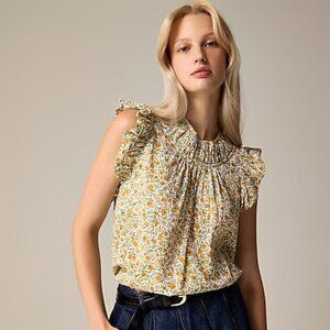 J. Crew Gathered Ruffle-Sleeve Top in Floral Vines Cotton Voile